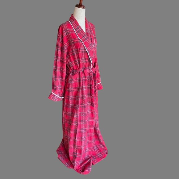 Lanz of Salzburg Red Plaid Tartan Flannel Womens Robe Tie Belt Lace Large - Picture 6 of 10